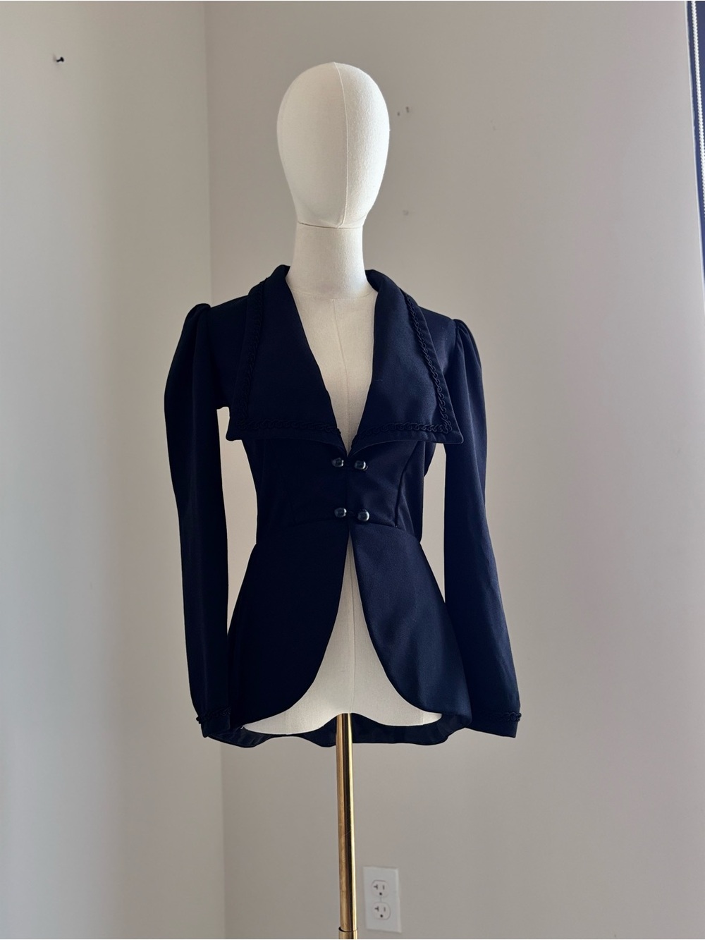 Vintage Gothic Victorian Tailcoat Blazer Braided Trim Puff Sleeve Jacket S